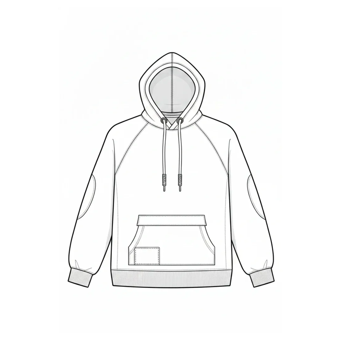 The same hoodie as a technical flat — hood, drawcords, kangaroo pocket
